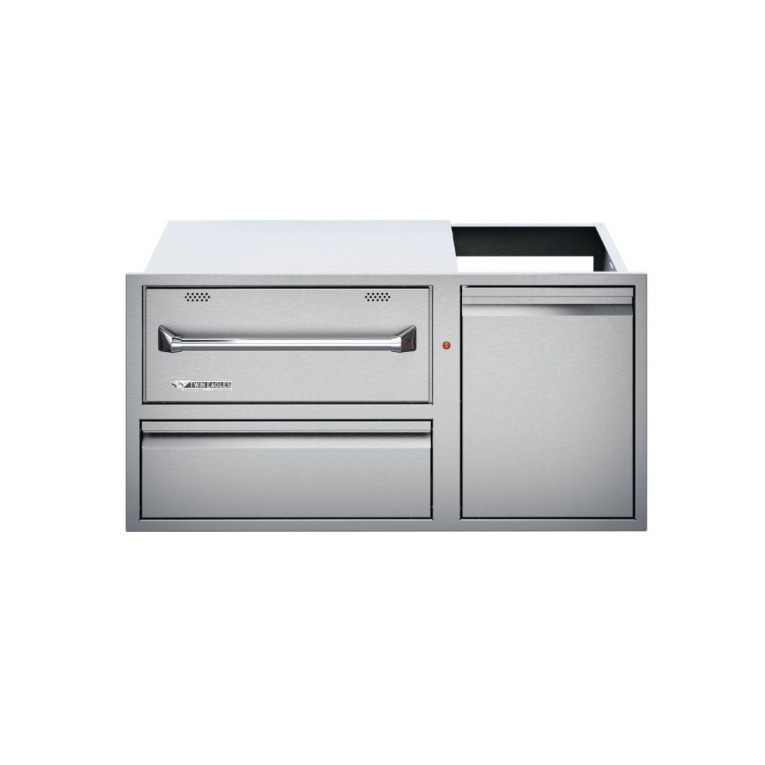 Twin Eagles 42-Inch Built-In 120V Electric Outdoor Warming Drawer with Utility Drawer & Roll-Out Trash/Propane Tank Bin