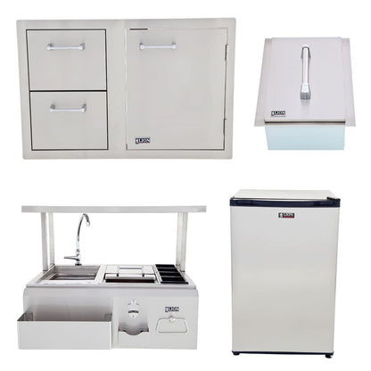 Lion Door/Drawer Combo with Refrigerator, Ice Chest, and Bar Center with Top Shelf Package Deal - 200016