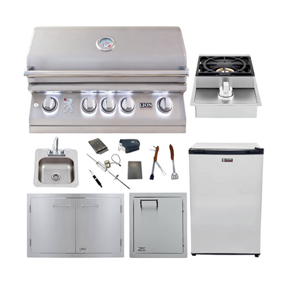 Lion Premium Grills Package Deal: L75000 32-Inch Grill, 33-inch Double Door, Single Side Burner, Single Vertical Door, Sink, Fridge and 5 in 1 BBQ Tool Set - BOBPACL75K-18
